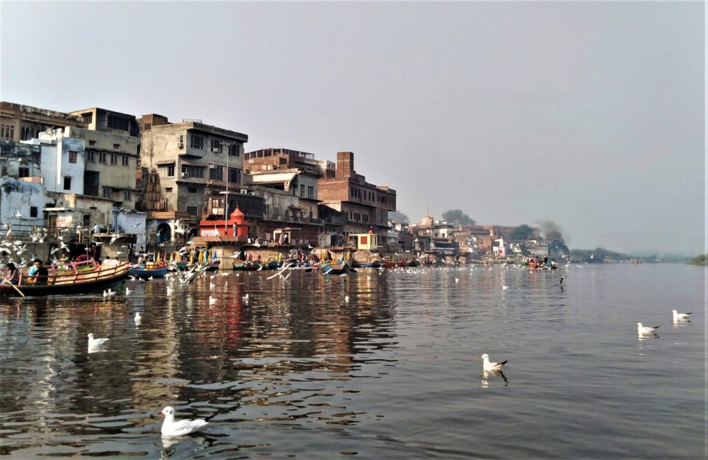 A scenic view of the Yamuna River in Mathura with seagulls floating on the water, colorful boats lined along the ghats, and old rustic buildings standing close to the riverbank under a hazy morning sky.