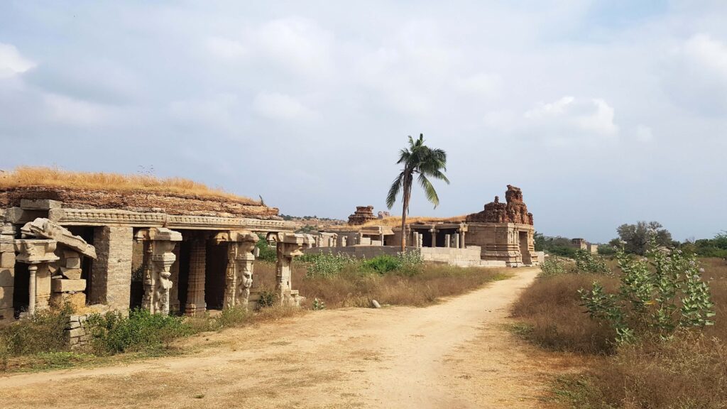 Ancient temple ruins along a dirt path in Hampi, with carved pillars, overgrown grass, and a lone palm tree under a cloudy sky.