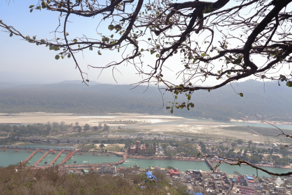 Aerial view of the Ganga River flowing through Haridwar