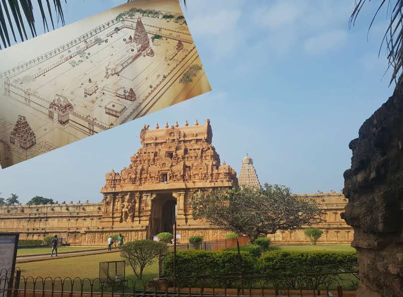 A view of the Brihadeeswarar Temple in Thanjavur, showing its ornate sandstone entrance tower and the towering vimana in the background, with manicured gardens in the foreground. An architectural sketch of the temple complex is overlaid in the upper left corner of the image.