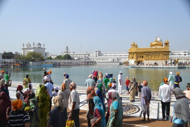 A large crowd of Sikh devotees and visitors stand on the marble parikrama (walkway) surrounding the Amrit Sarovar (Holy Pool), with the gilded Harmandir Sahib (Golden Temple) structure reflecting in the water under a clear blue sky.
