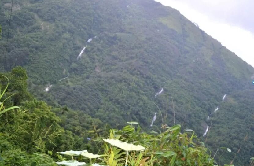 Multiple small waterfalls flowing down a densely forested mountain during monsoon season.