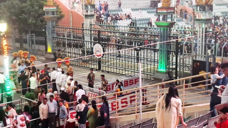 Crowd and BSF soldiers near the India–Pakistan gate during Wagah Border Beating Retreat Ceremony