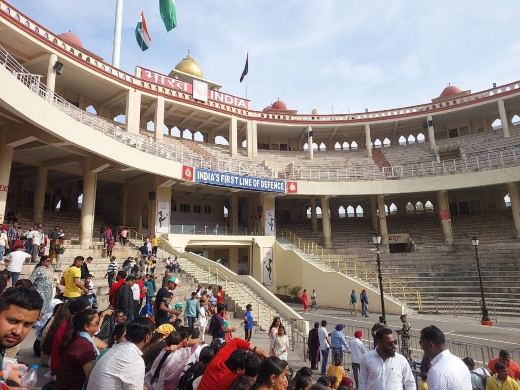 Spectators seated inside Wagah Border stadium under India Pavilion before Beating Retreat Ceremony