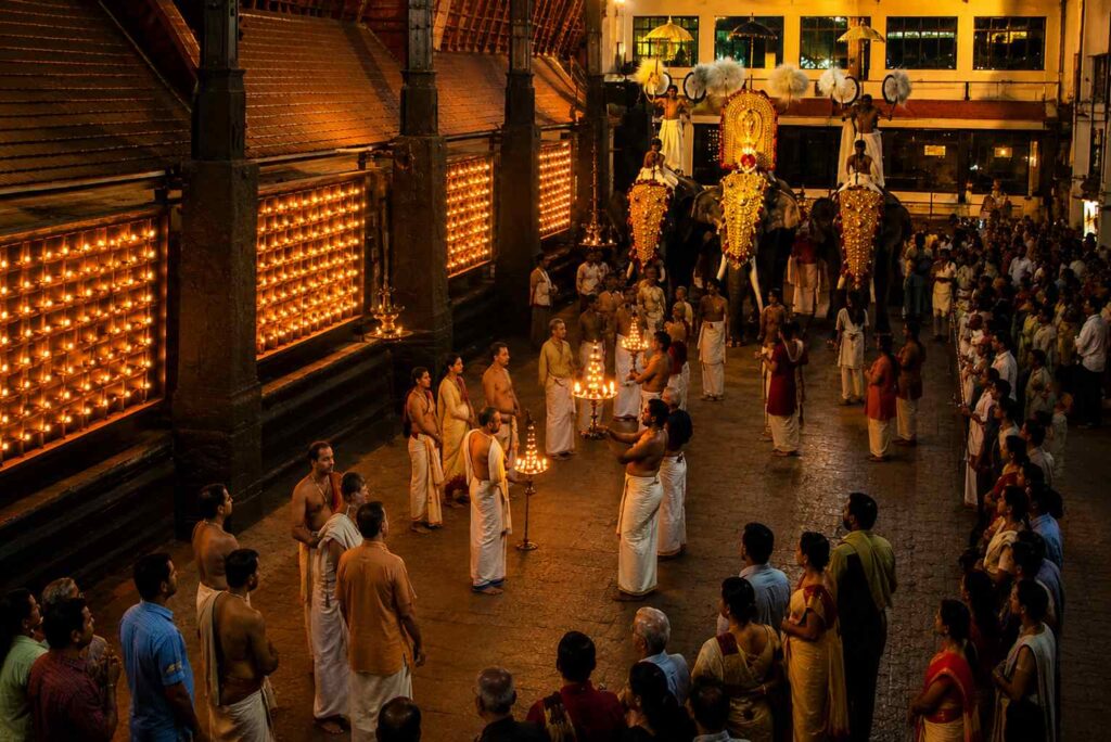 Elephant procession and temple rituals illuminated by rows of oil lamps inside Guruvayur Temple during a festive night celebration.