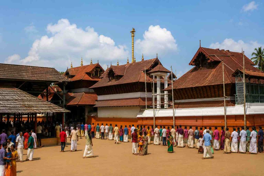 Devotees gathered in the open courtyard of Guruvayur Temple surrounded by traditional Kerala-style temple architecture under a bright blue sky.