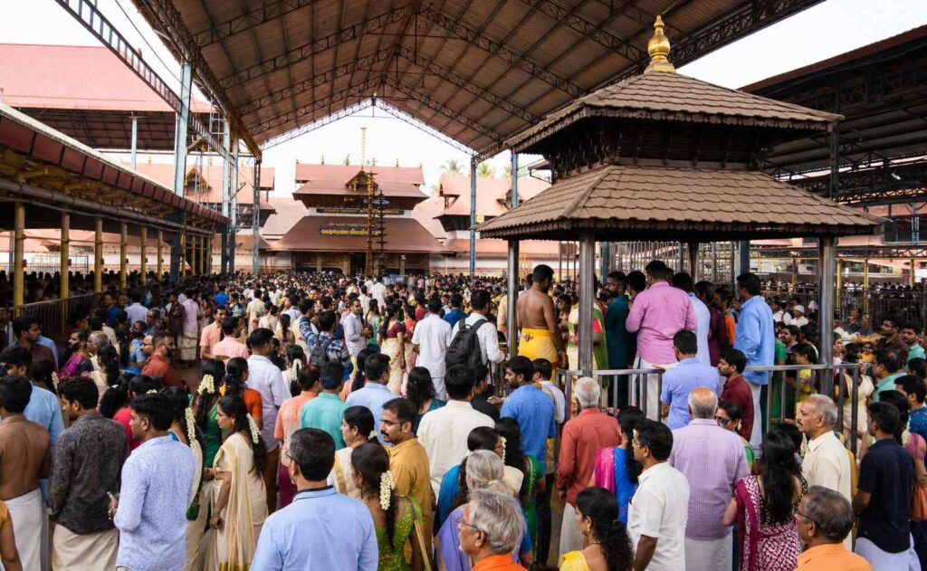 Devotees gathered in the open courtyard of Guruvayoor Temple surrounded by traditional Kerala-style temple architecture under a bright blue sky.