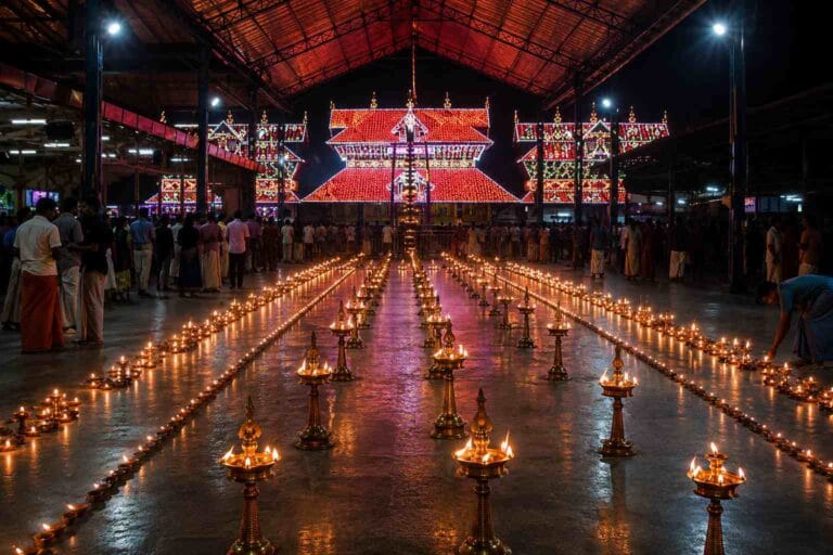 Illuminated Kerala temple during a festive night celebration, with rows of traditional oil lamps leading toward the brightly decorated sanctum and devotees gathered inside the temple hall.